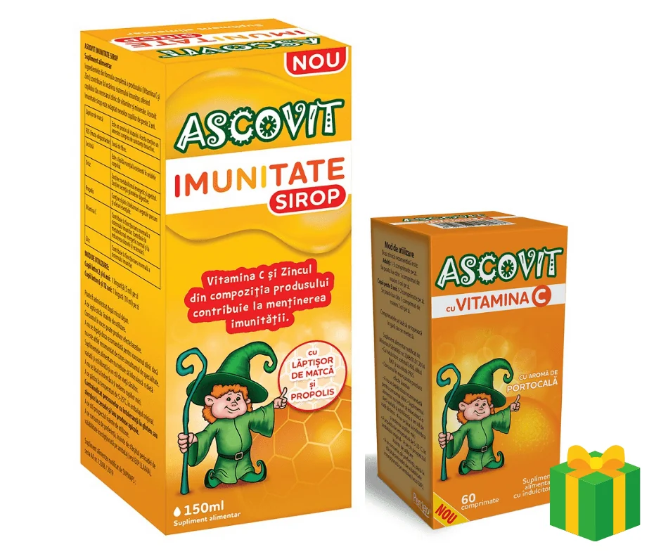 Ascovit Pachet Imunitate Sirop 150 ml + Ascovit Vitamina C cu aroma de portocale 100 mg 60 comprimate