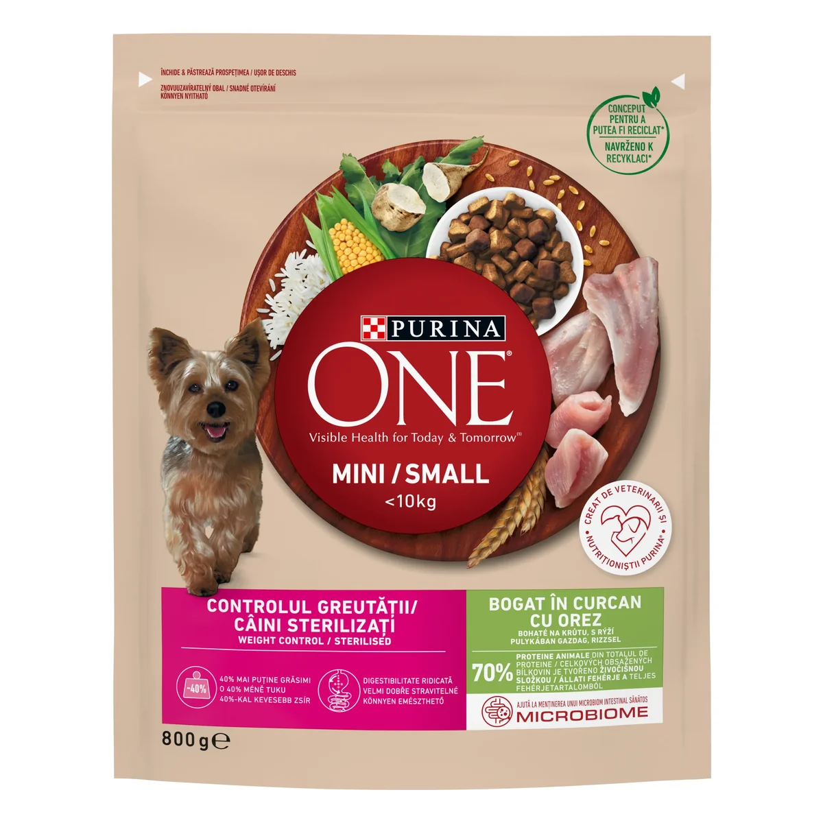 PURINA ONE MINI Weight Control, Curcan si Orez, hrana uscata pentru caini, 800 g