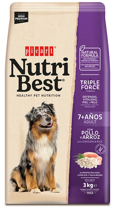 Hrana Uscata Caini Premium, NutriBest Adult Dog 7+, Pui si Orez, 3 kg