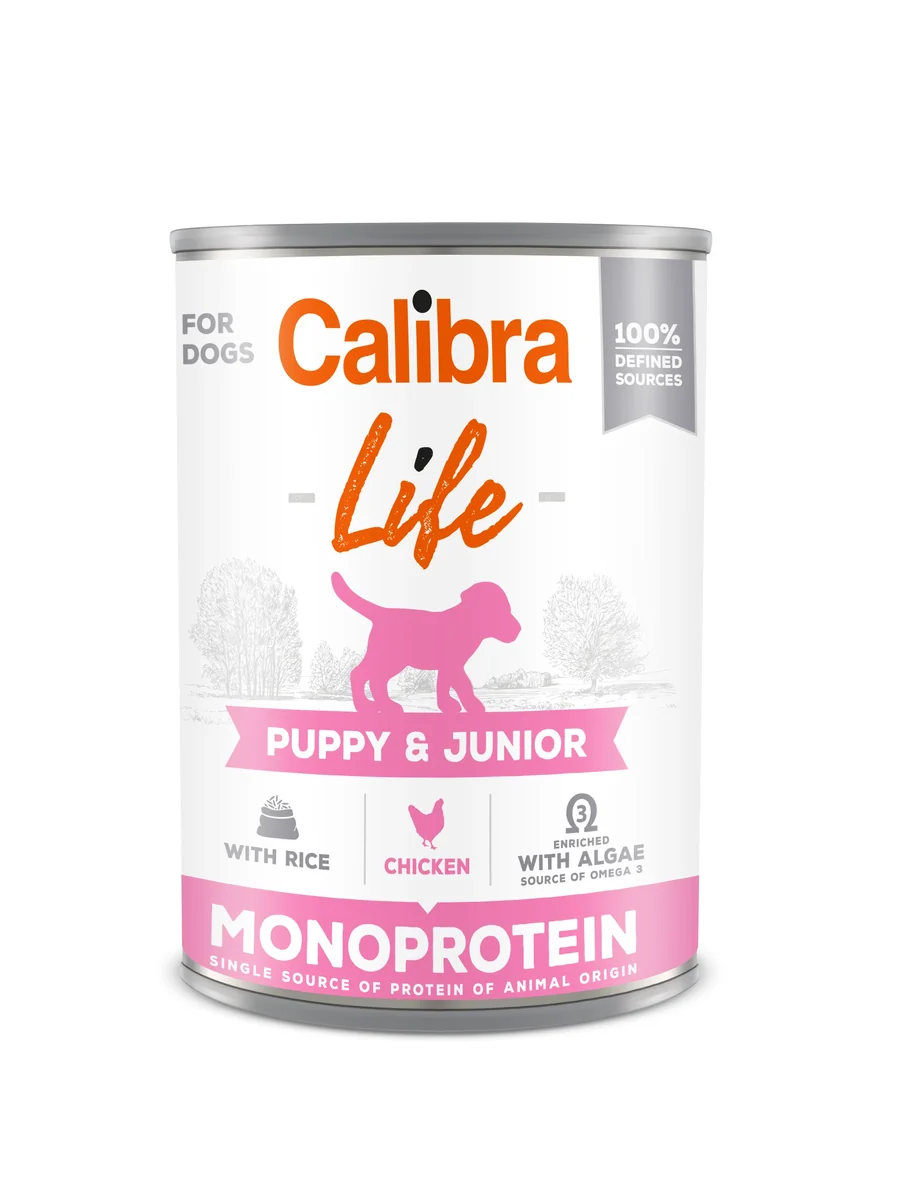 Calibra Dog Life Puppy & Junior, Chicken & Rice 400 g, conserva