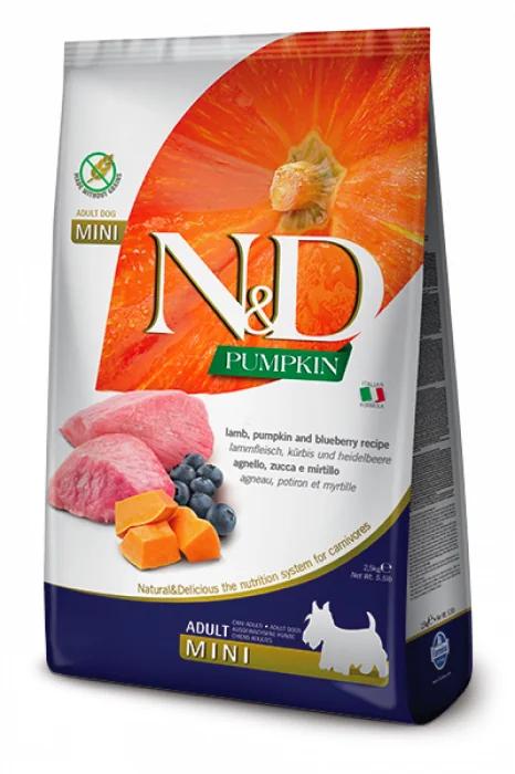 ND Pumpkin Grain Free Mini Adult, Miel si Afine, 7 kg