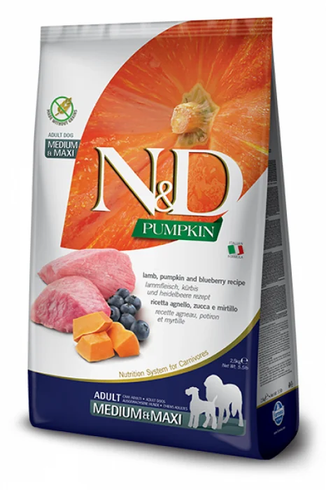 ND Pumpkin Grain Free Med Max Adult, Miel, Dovleac si Afine, 12 kg