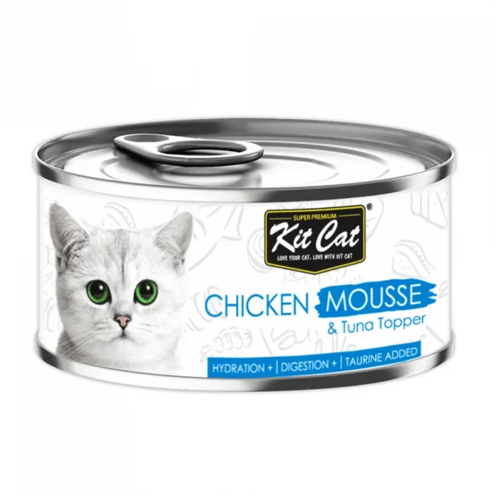 Hrana umeda pentru pisici, Kit Cat Mousse de Pui cu Topping de Ton 80g