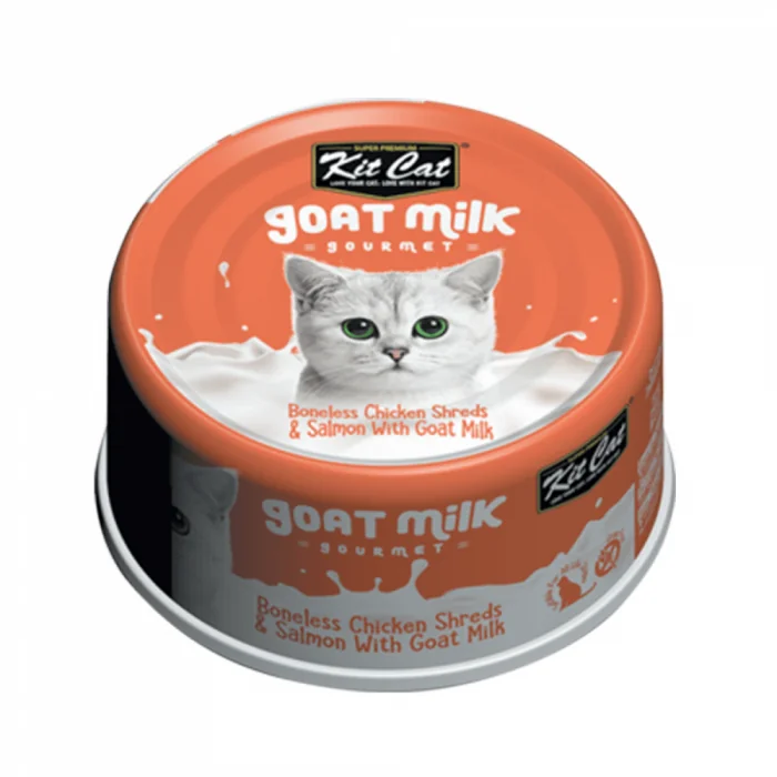 Hrana umeda pentru pisici, Kit Cat Goat Milk Gourmet, File de Pui Fara Oase  Somon cu Lapte de Capra, 70g