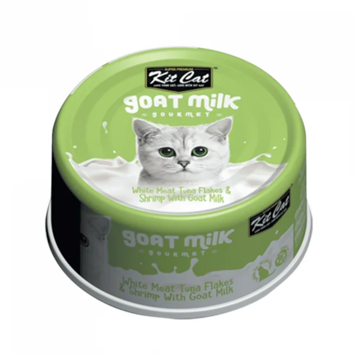 Hrana umeda pentru pisici, Kit Cat Goat Milk Gourmet, Fasii de ton alb  creveti cu lapte de capra, 70g