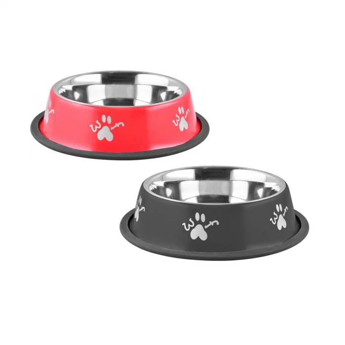 Bol pentru hrana animale cu suport gumat, inox, Agility, diametru 19 cm, model labute, negru rosu PC1114B , 400 ml