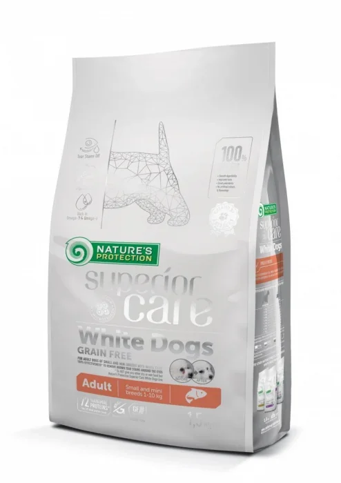 NATURES PROTECTION Superior Care White Dogs SmallMini Grain Free, Somon, ajuta la eliminarea lacrimarii excesive si reducerea petelor maronii de la ochi, 1.5kg