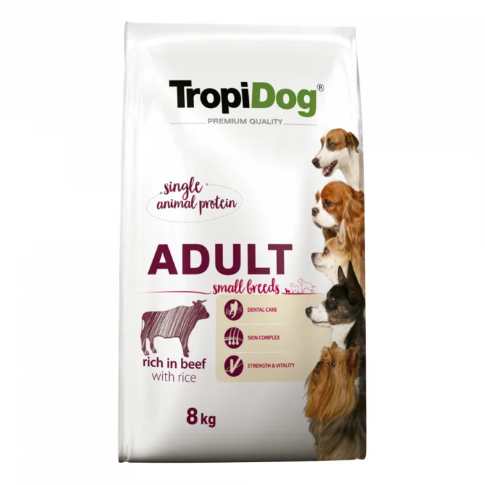 TropiDog, hrana uscata Premium Talie mica cu Vita si orez, 8 kg
