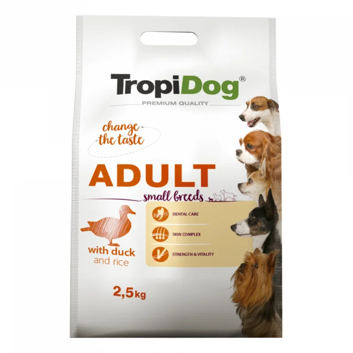 TropiDog, hrana uscata Premium Talie mica cu Rata si orez, 2.5 kg