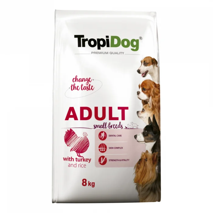 TropiDog, hrana uscata Premium Talie mica cu Curcan si orez, 8 kg