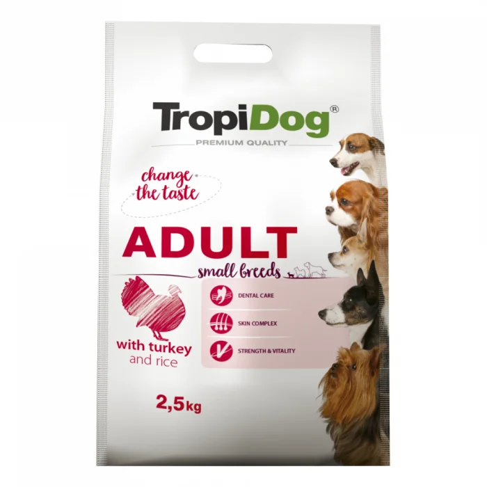 TropiDog, hrana uscata Premium Talie mica cu Curcan si orez, 2.5 kg