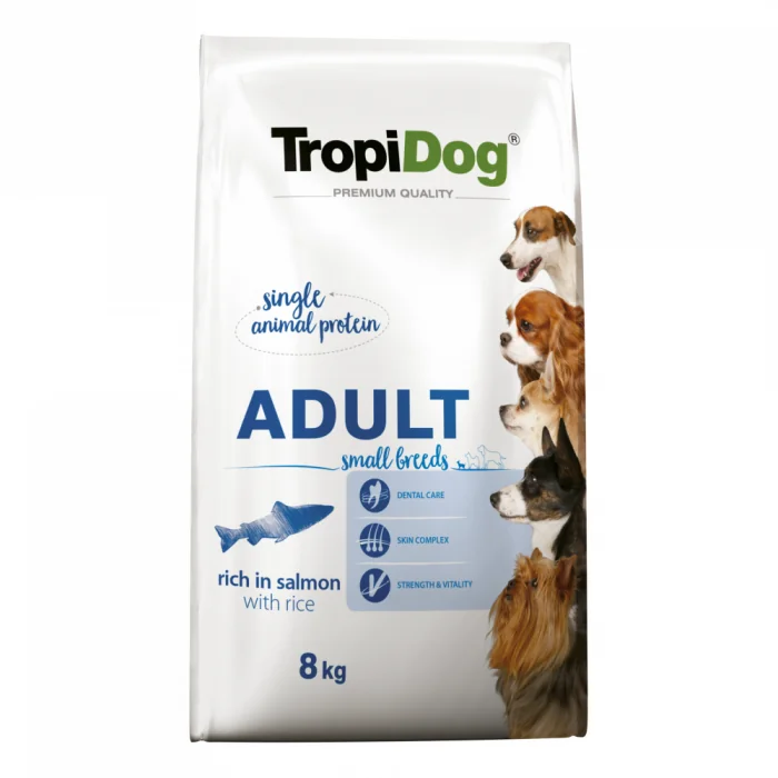 TropiDog, hrana uscata Premium Talie mica cu Somon si orez, 8 kg
