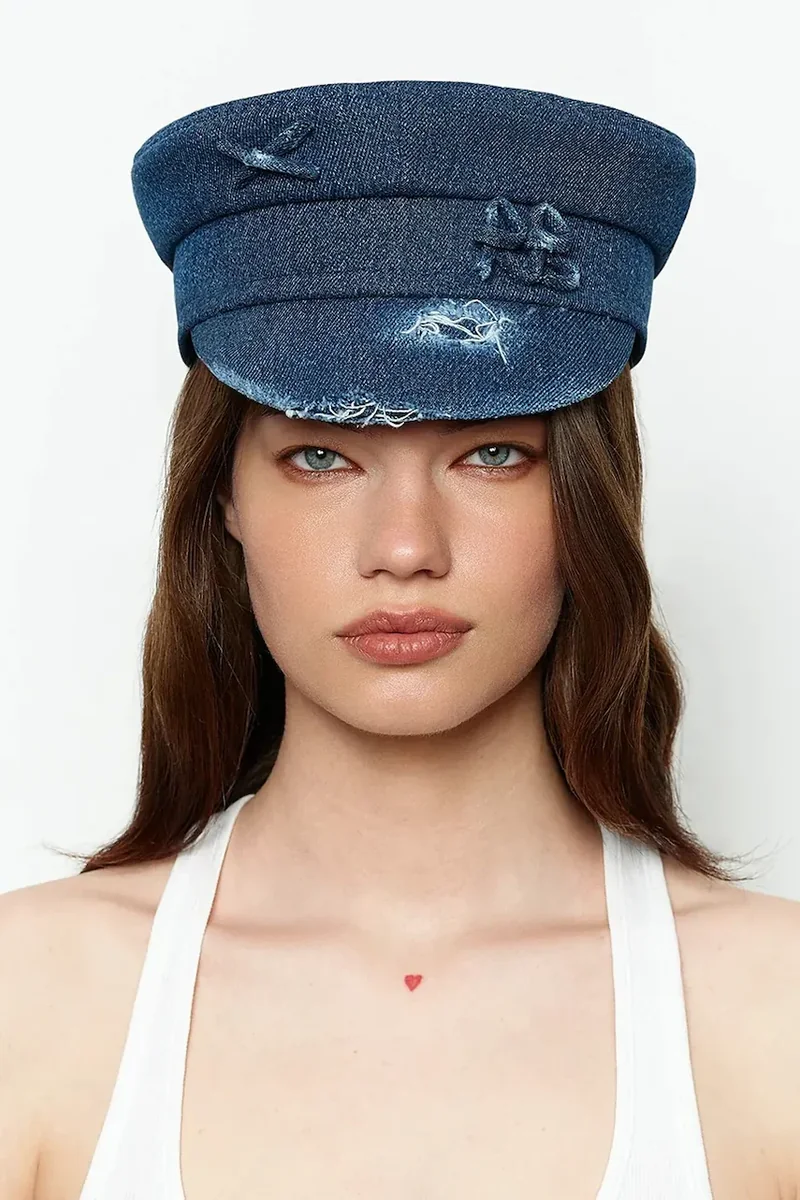 RUSLAN BAGINSKIY căciulă pentru femei, din denim Distressed Baker Boy Cap