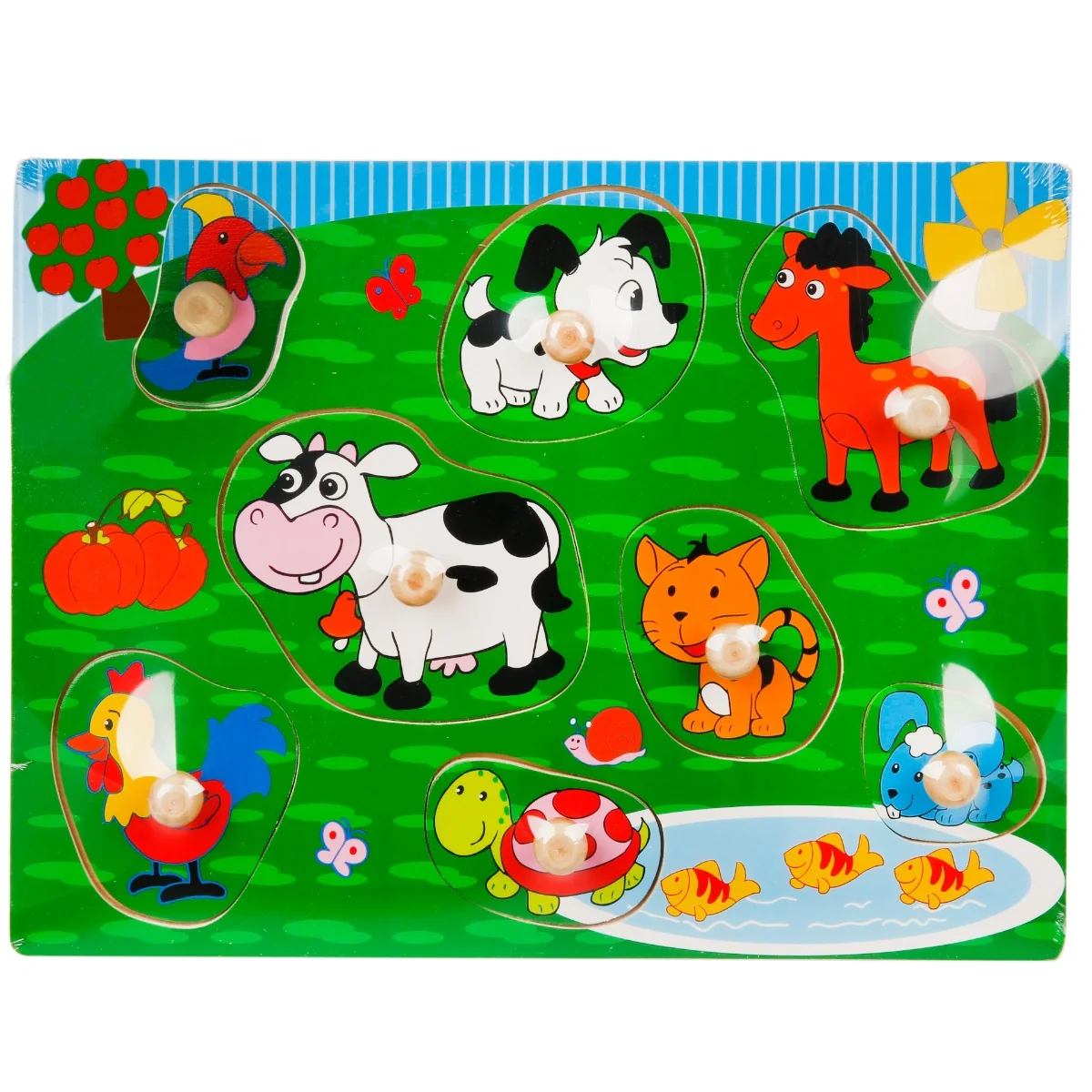 Puzzle din lemn, Animale domestice cu maner, 8 piese