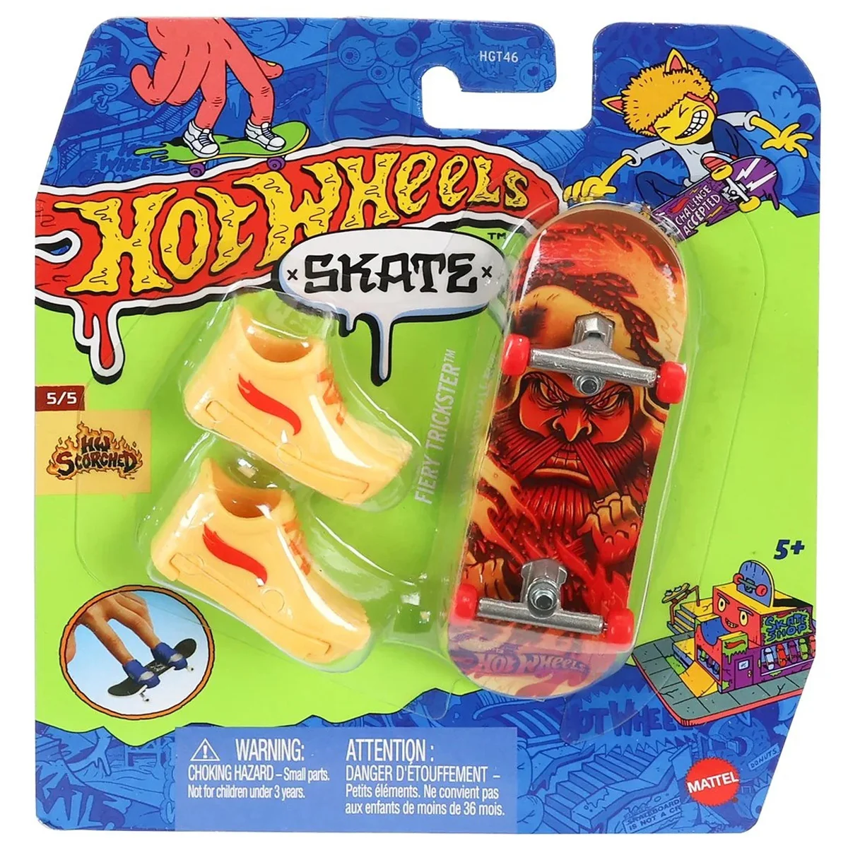 Set mini placa skateboard cu pantofi, Hot Wheels, Fiery Trickster, HVJ89
