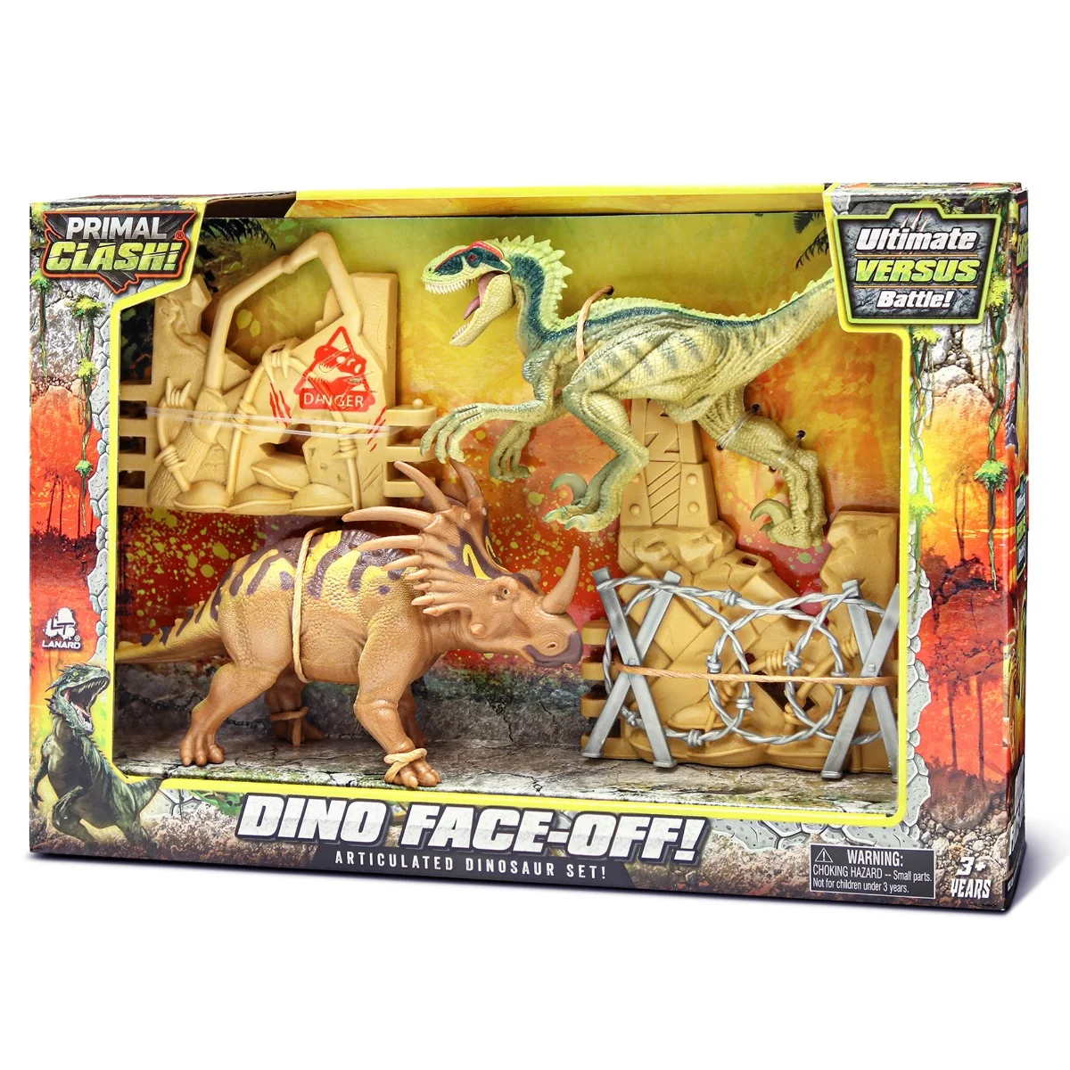 Set de joaca cu 2 dinozauri si accesorii, Lanard Toys, Primal Clash, Maro-Verde