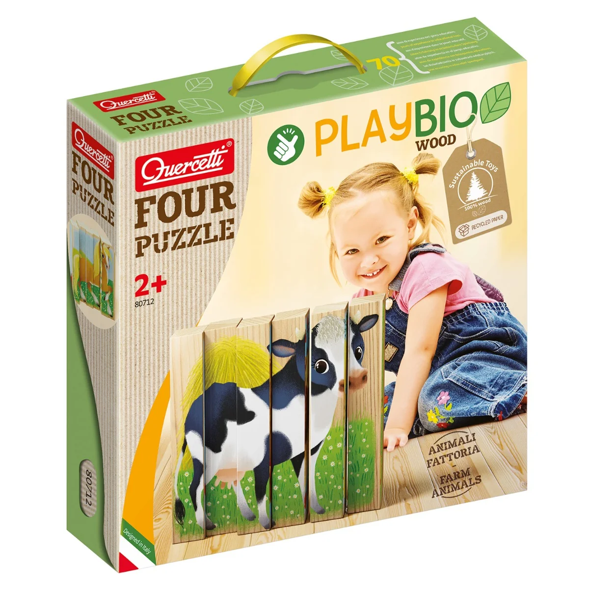 Puzzle din lemn 4 In 1, Quercetti, Animale Ferma, Play Bio, 6 piese