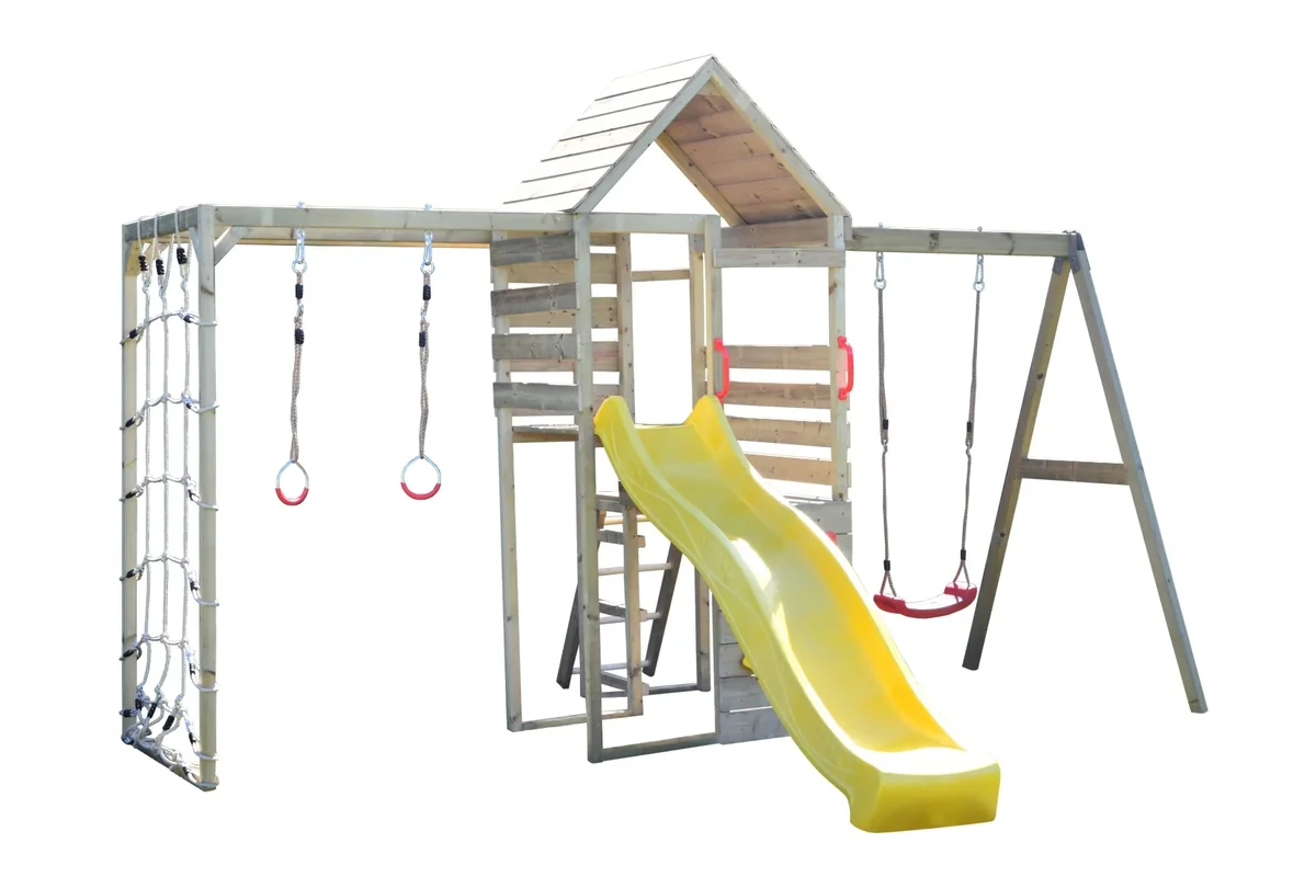Turn de joaca cu 2 platforme, Wendi Toys, panou de catarare, tobogan, leagan si modul de gimnastica