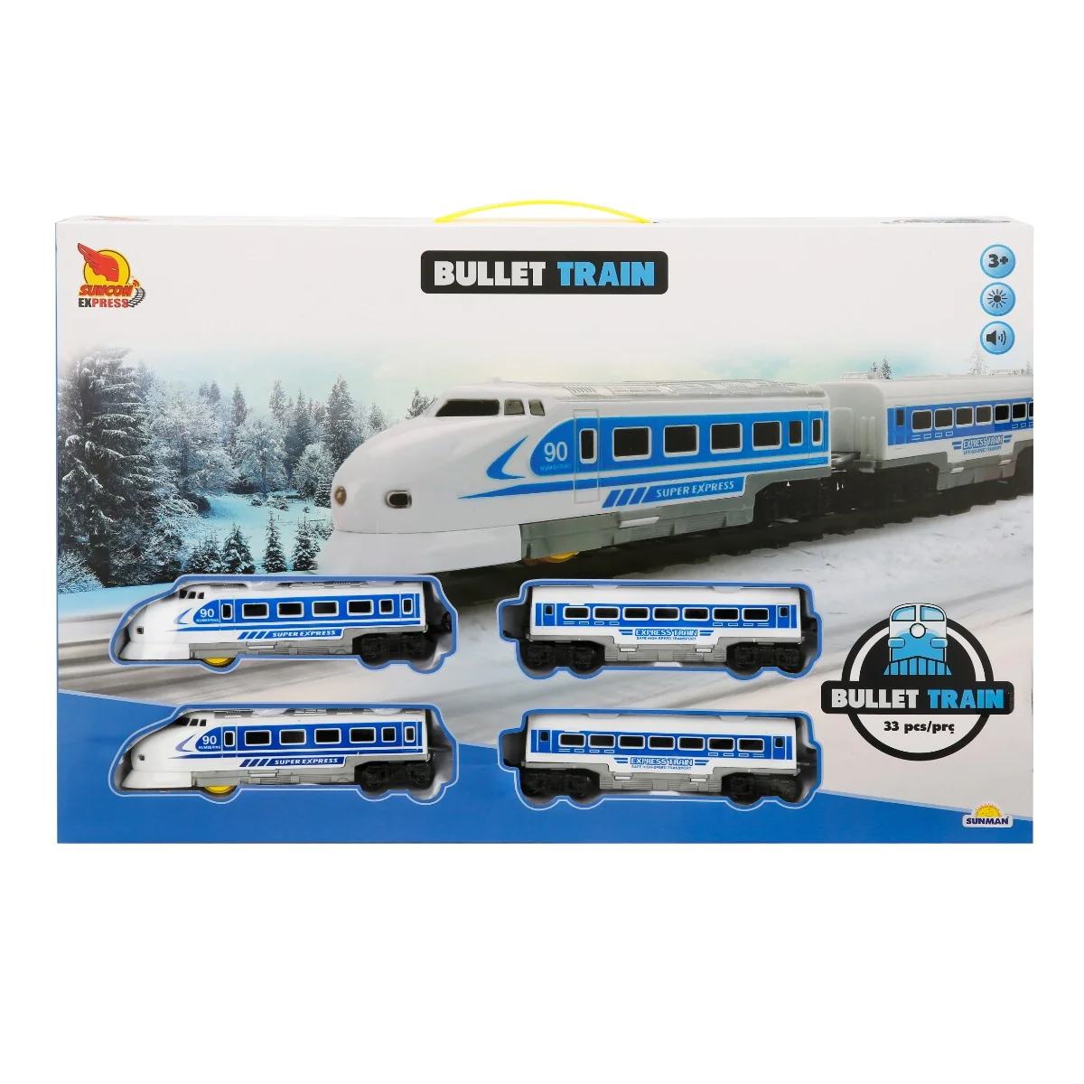 Set trenulet cu vagoane si sina, Suncon, 33 piese, Albastru