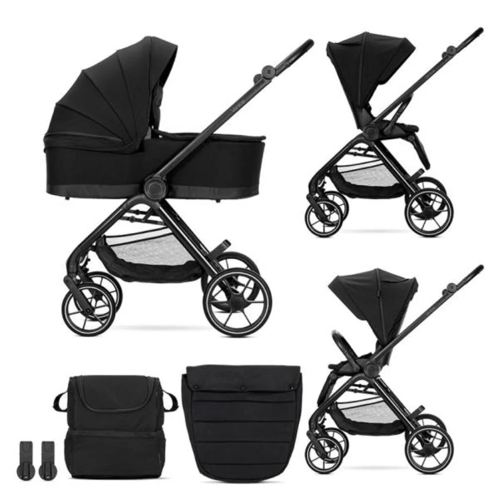 Carucior set 2 in 1, Lorelli Venice, cos landou individual, cadru din aluminiu, sezut reversibil, pana la 22 Kg, Black