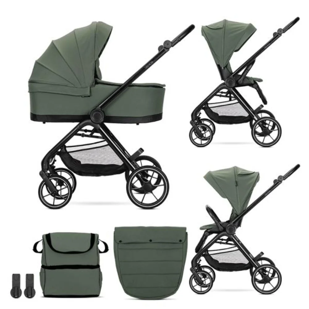 Carucior set 2 in 1, Lorelli Venice, cos landou individual, cadru din aluminiu, sezut reversibil, pana la 22 Kg, Green