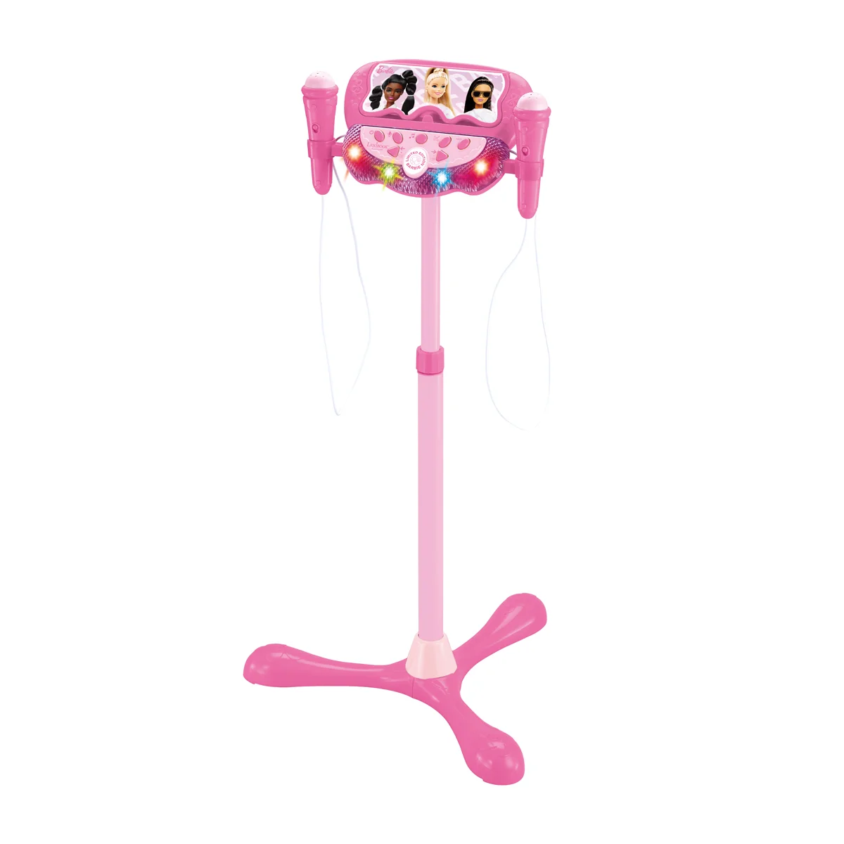 Stativ reglabil cu 2 microfoane, Lexibook Barbie, efecte vocale, lumini si bluetooth speaker, Roz