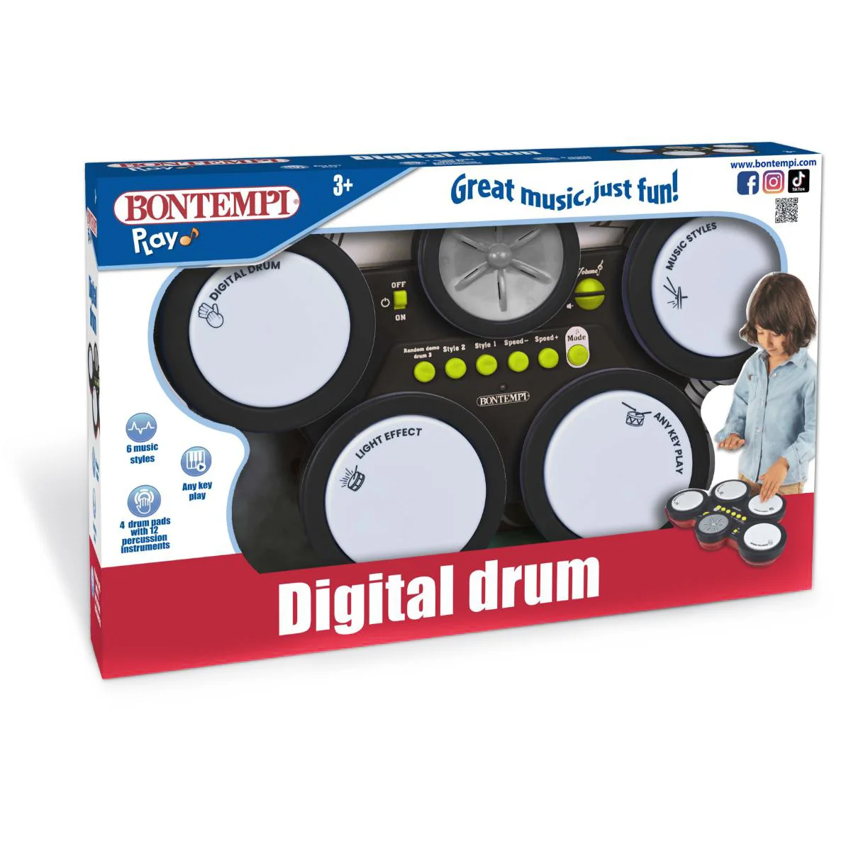 Toba digitala cu 4 pad-uri, Bontempi, 6 stiluri muzicale