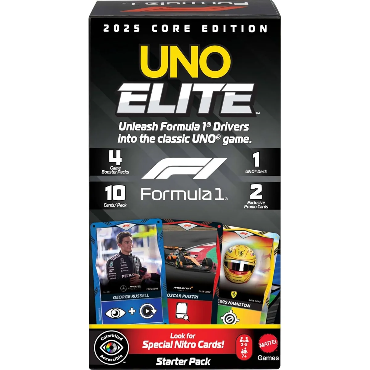 Joc de societate, Uno, 2025 Core Edition Starter Pack, Elite F1, JLV42
