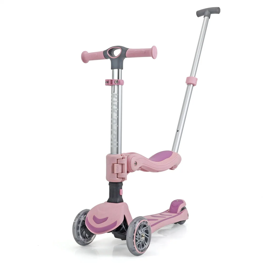 Trotineta pliabila cu 3 roti luminoase, ghidon reglabil si scaun detasabil, 3 in 1, Kick'n Roll, S6 Eco, Roz