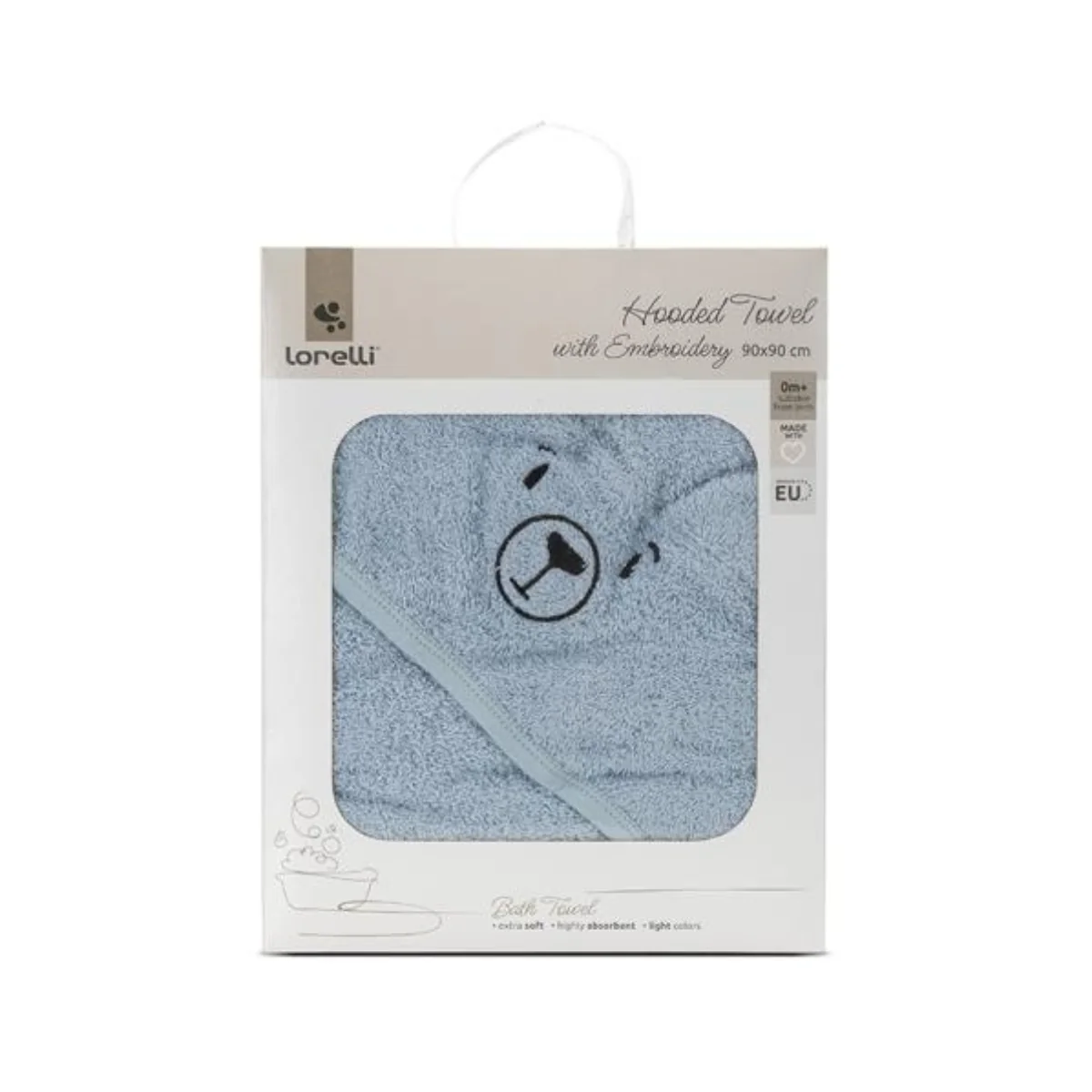 Prosop de baie cu gluga si broderie, Lorelli, 90 x 90 cm, bumbac, Soft Blue